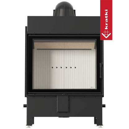 Kratki Lucy 15 kW houtkachel met glazen deur en modern, zwart metalen ontwerp.