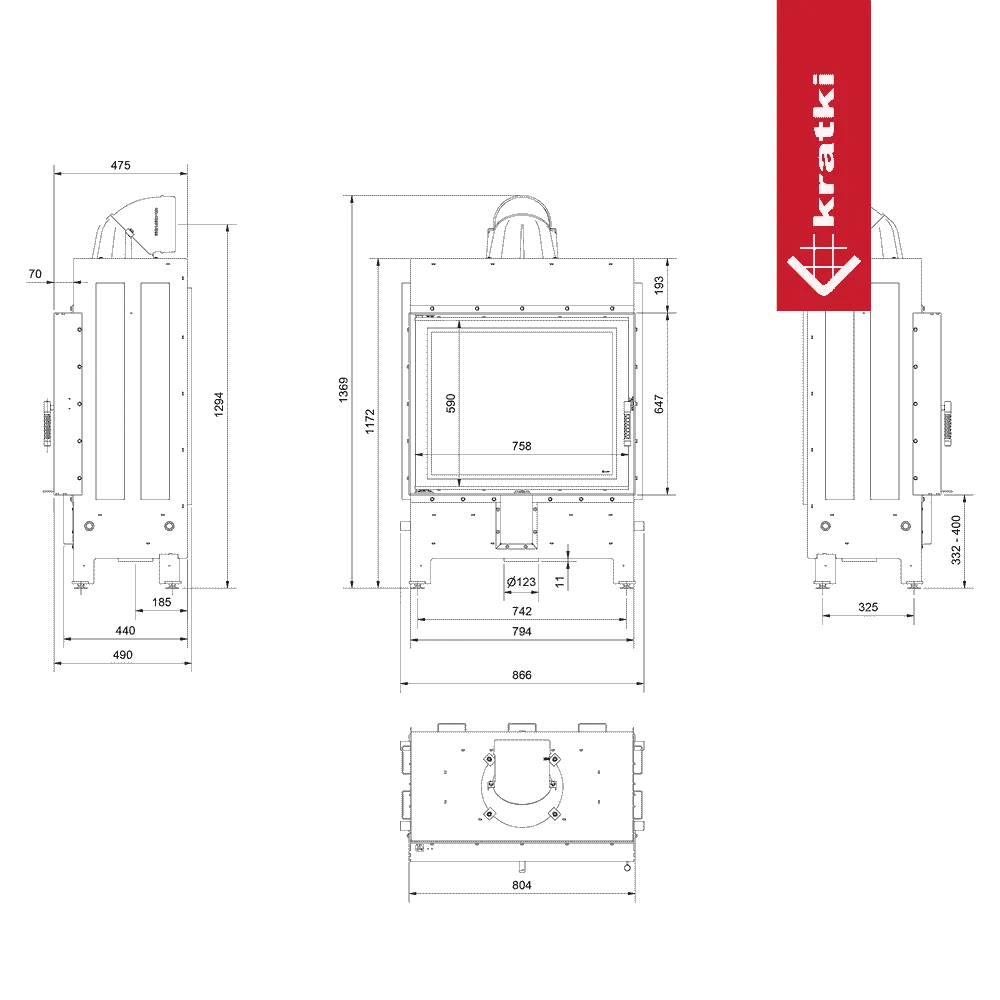 Technische tekening van de Kratki Lucy 15 kW haard met afmetingen en specificaties.