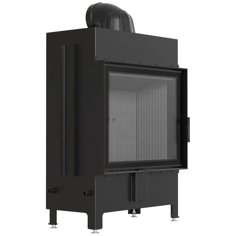 Zwarte Kratki Lucy 15 kW houtkachel met glazen deur en moderne, strakke afwerking.