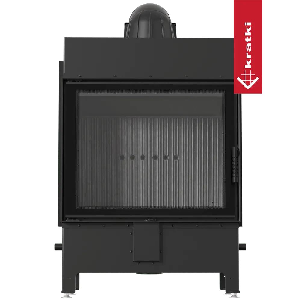 Zwarte Kratki Lucy 15 kW houtkachel met groot glazen venster en strak ontwerp.