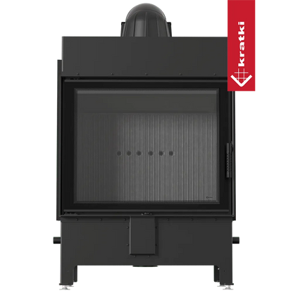 Zwarte Kratki Lucy 15 kW houtkachel met groot glazen venster en strak ontwerp.