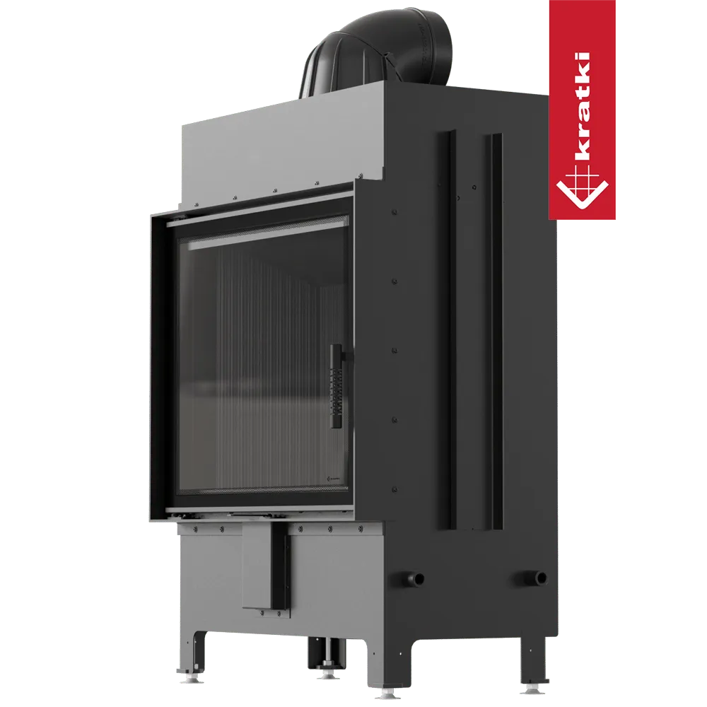 Zwarte Kratki Lucy 15 kW houtkachel met glazen deur en bovenste rookafvoer.