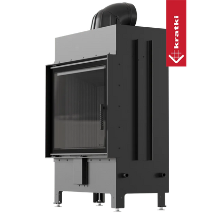Zwarte Kratki Lucy 15 kW houtkachel met glazen deur en bovenste rookafvoer.