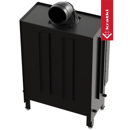 Kratki Lucy 15 kW houtkachel met zwarte afwerking en bovenste rookafvoer.