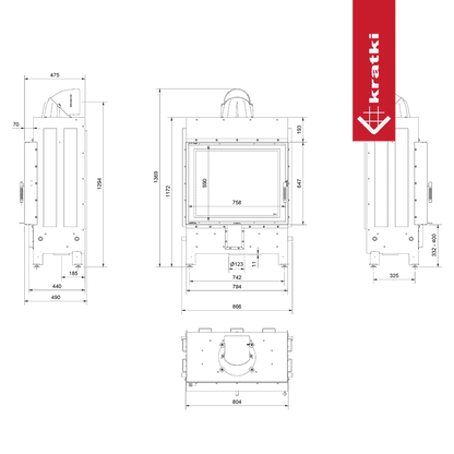 Technische tekening van de Kratki Lucy 15 kW haard met afmetingen.