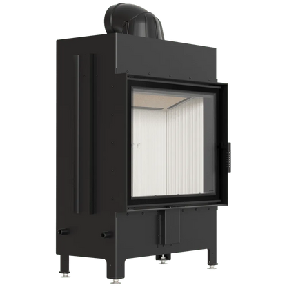 Zwarte Kratki Lucy 15 kW houtkachel met glazen deur en moderne uitstraling.