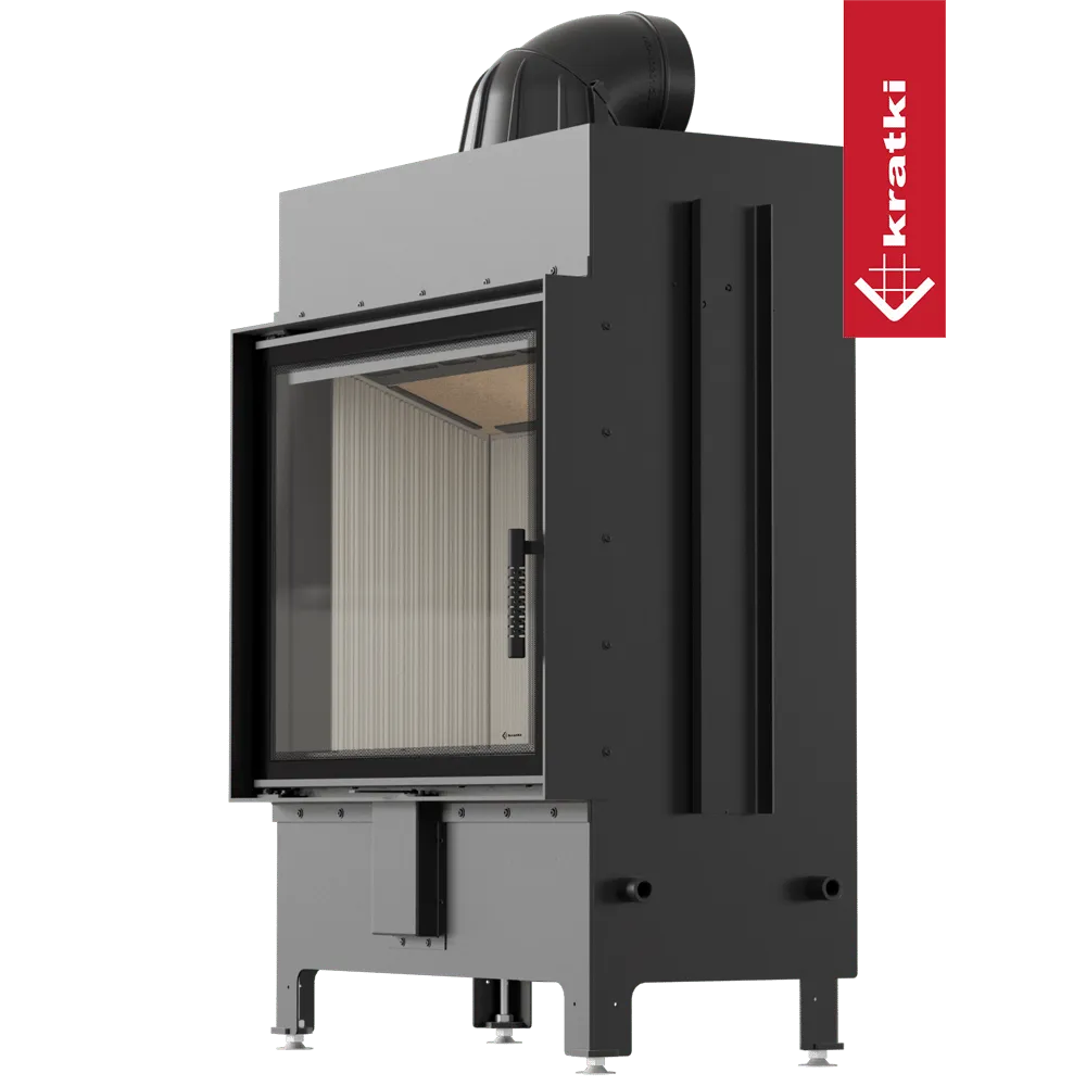 Kratki Lucy 15 kW houtkachel met glazen deur en moderne, zwarte afwerking.