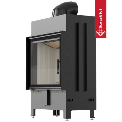 Kratki Lucy 15 kW houtkachel met glazen deur en moderne, zwarte afwerking.