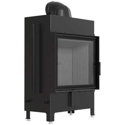 Zwarte Kratki Lucy 15 kW houtkachel met glazen deur en metalen afwerking.