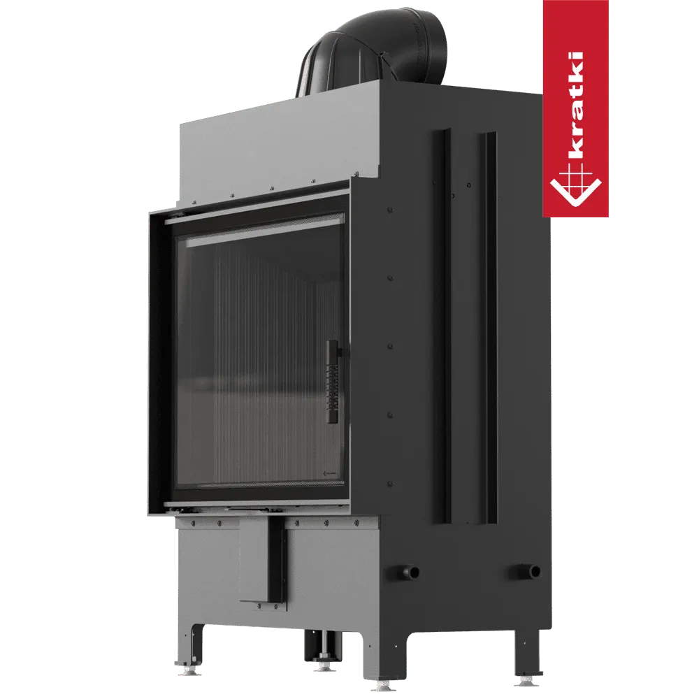 Kratki Lucy 15 kW houtkachel met glazen deur en zwarte metalen behuizing.