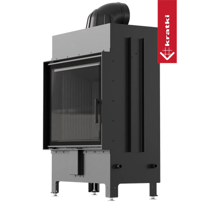 Kratki Lucy 15 kW houtkachel met glazen deur en zwarte metalen behuizing.