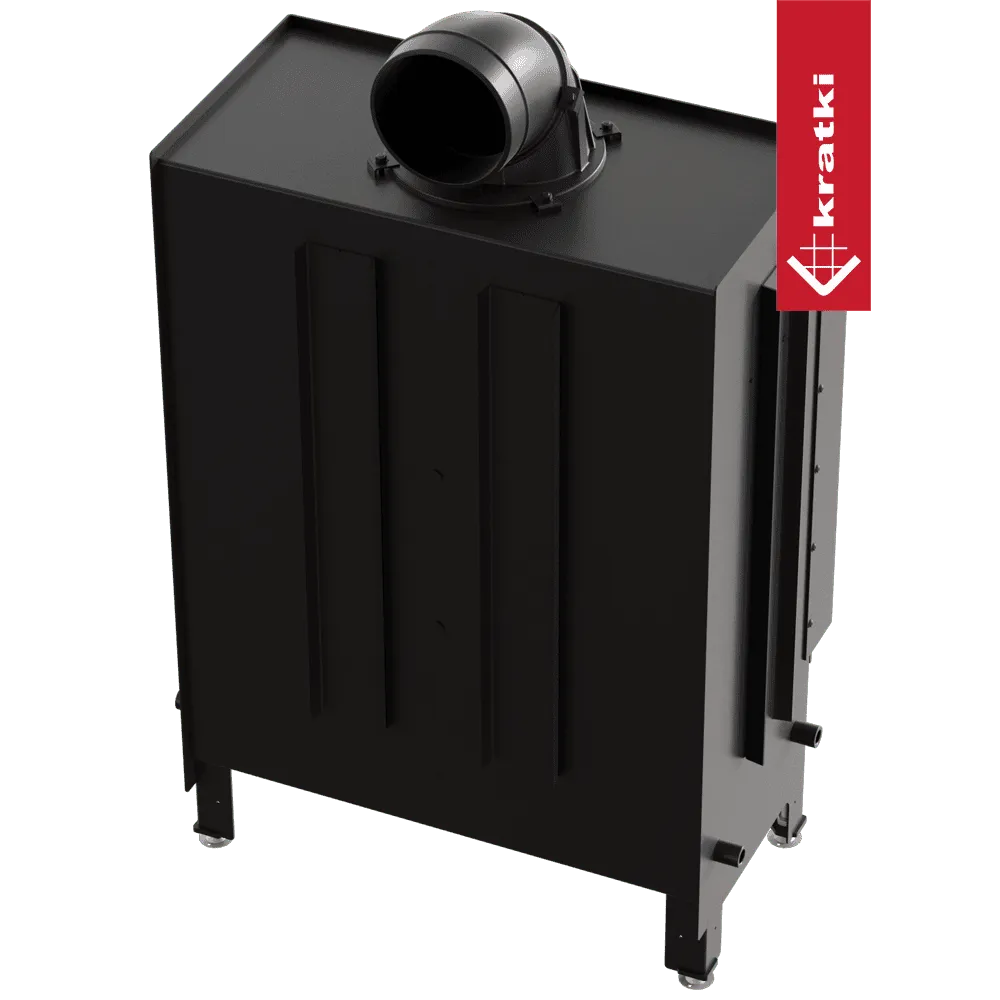 Zwarte Kratki Lucy 15 kW houtkachel met bovenste rookafvoer en rode merklabel.