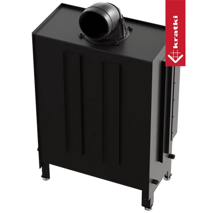 Zwarte Kratki Lucy 15 kW houtkachel met bovenste rookafvoer en rode merklabel.