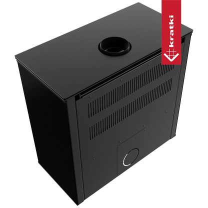 Zwarte Kratki Juno 12 kW houtkachel met bovenafvoer en ventilatierooster aan de achterkant.