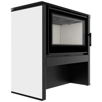 Kratki Juno 12 kW houtkachel met modern zwart-wit ontwerp en grote glazen deur.