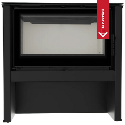 Zwarte houtkachel Kratki Juno 12 kW met groot glazen venster en strak ontwerp.