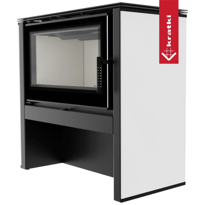 Kratki Juno 12 kW houtkachel met modern ontwerp en grote glazen deur.
