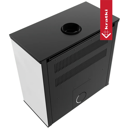 Zwarte en witte Kratki Juno 12 kW houtkachel met bovenafvoer en ventilatierooster.