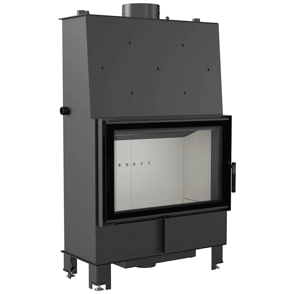 Zwarte Kratki Lucy CV 16 kW inbouwhaard met glazen deur en metalen behuizing.