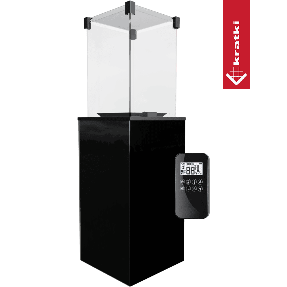 Kratki Patio terrasheater met glazen windscherm en afstandsbediening