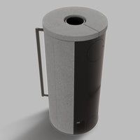 Balstil Ora vrijstaande cilindrische kachel met grijze spekstenen bekleding en zwarte voorkant