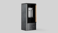Balstil Akna kachel met donkere bekleding en houten handgreep op grijze achtergrond