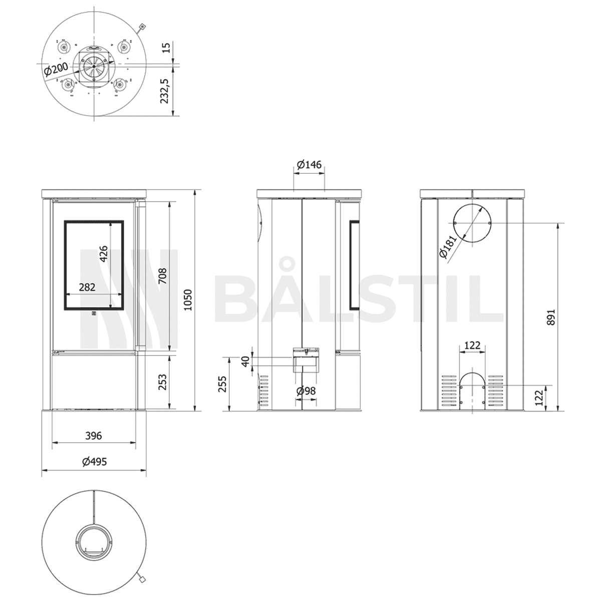 Balstil Ora technische maattekening met voor-, zij- en bovenaanzicht en aansluitmaten