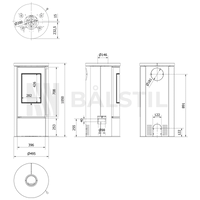 Balstil Ora technische maattekening met voor-, zij- en bovenaanzicht en aansluitmaten