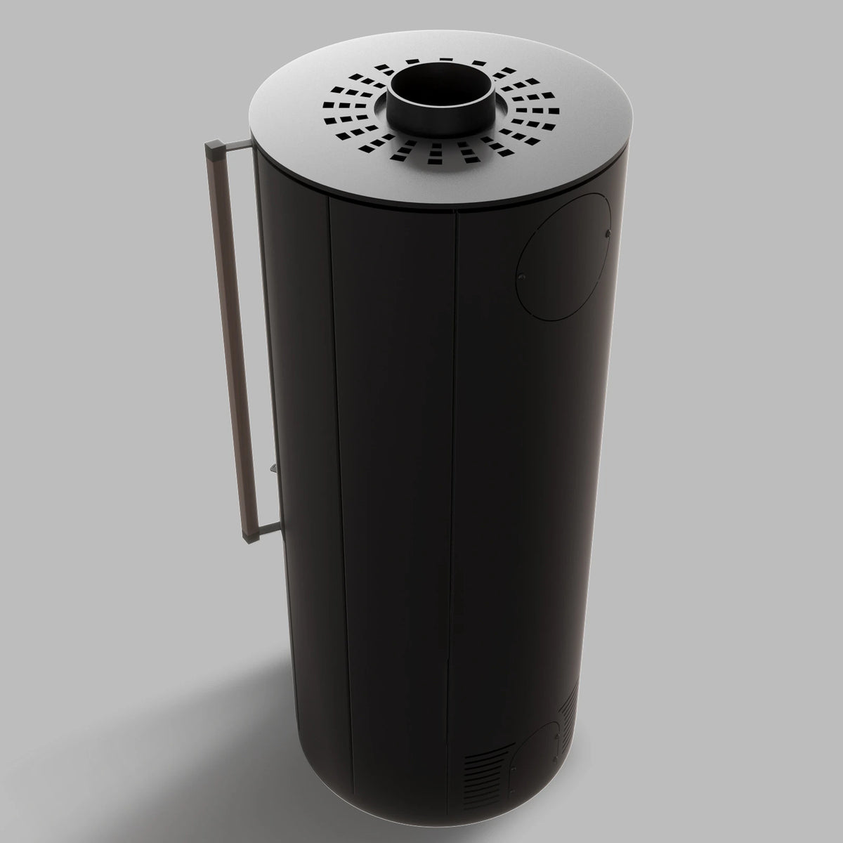 Balstil Targa zwarte cilindervormige kachel met ronde bovenaansluiting en ventilatieopeningen