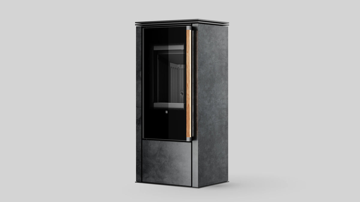 Balstil Akna kachel met donkere bekleding en houten handgreep op grijze achtergrond