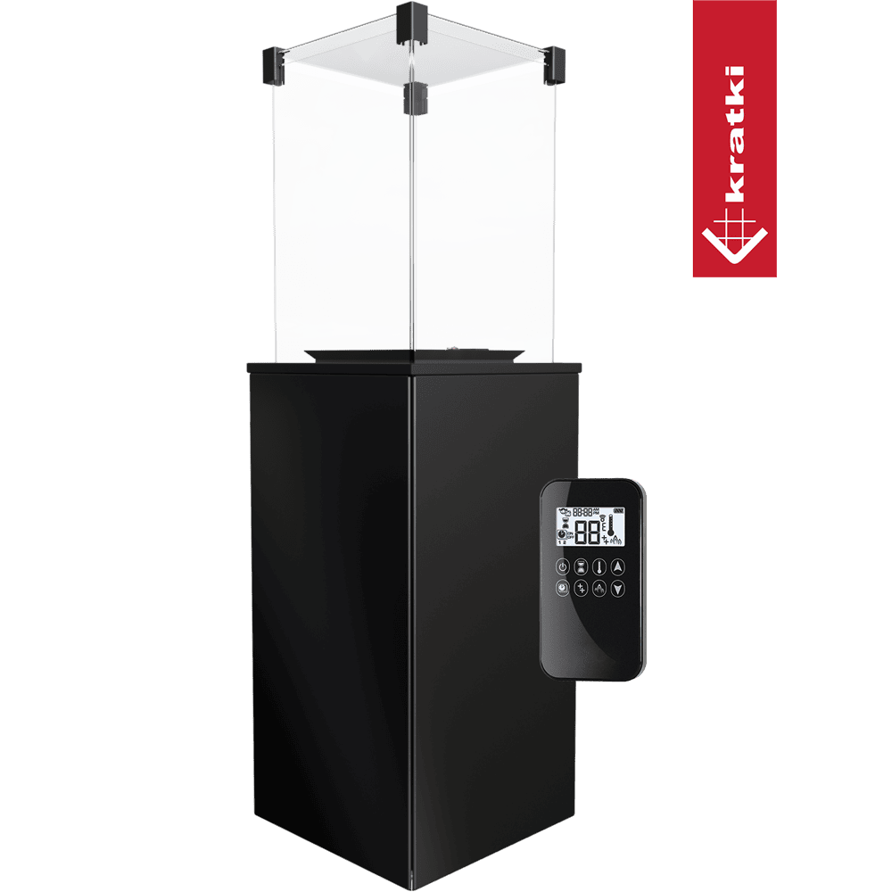 Kratki Patio zwarte terrasverwarmer met glazen ombouw en afstandsbediening