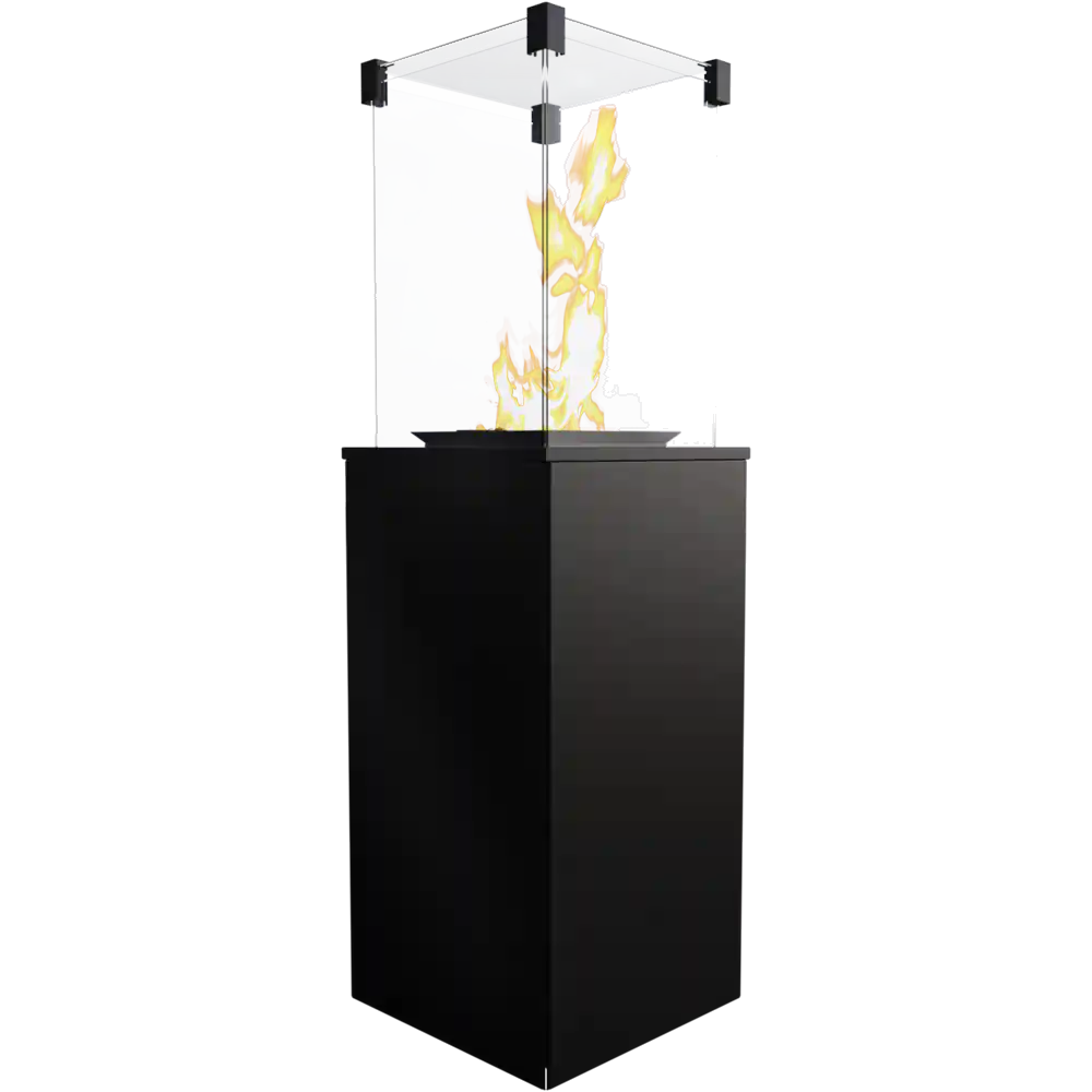 Kr​atki Patio zwarte terrasverwarmer met glazen ombouw en brandende vlam