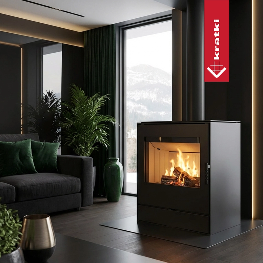 Kratki Rollo 2 in moderne woonkamer met brandend vuur