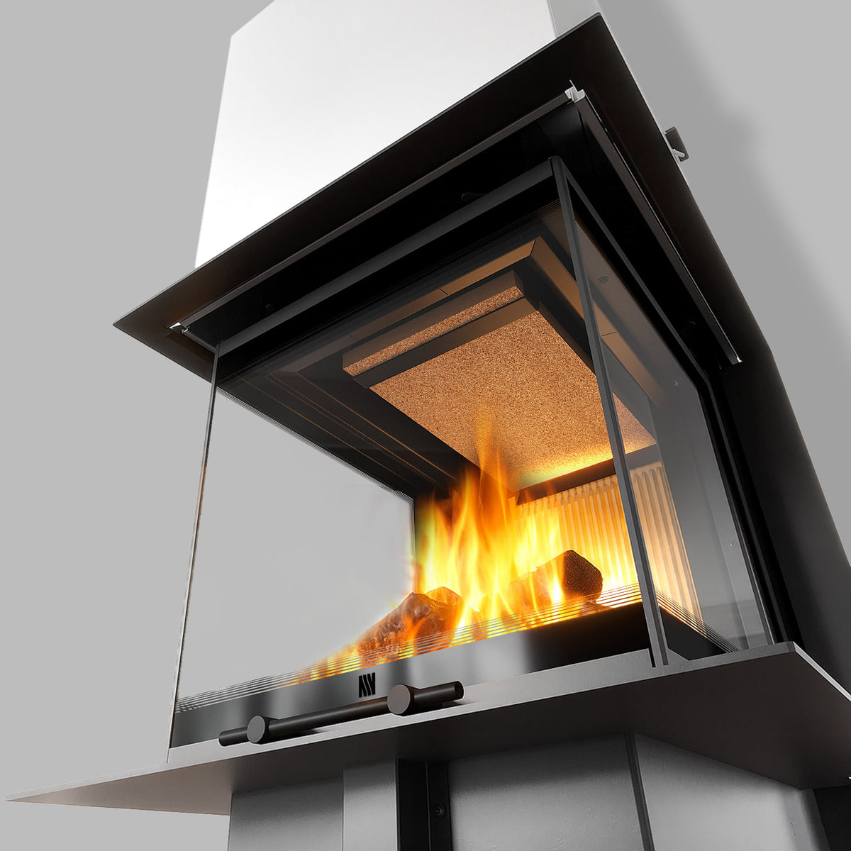 Balstil Milano 500/500 in close-up met open haarddeur en brandend vuur