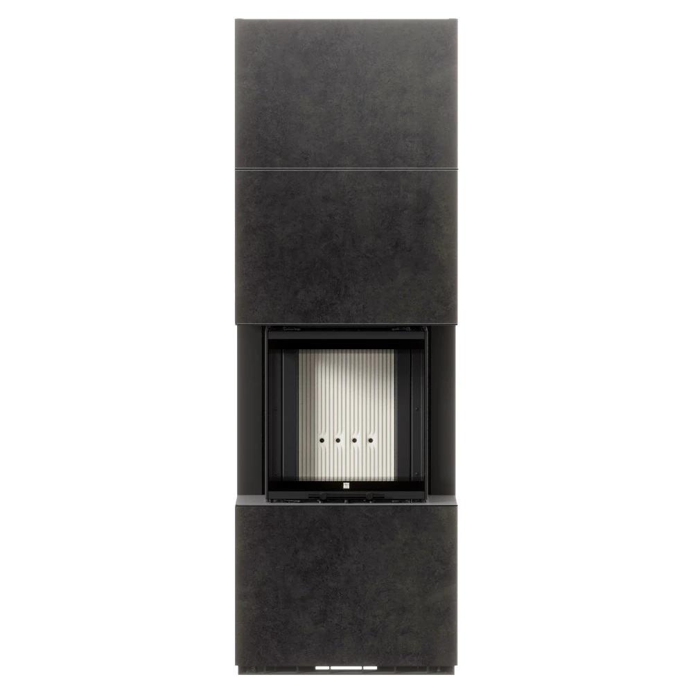 Balstil Milano 500/500 haard met donkere bekleding, frontaal getoond op witte achtergrond