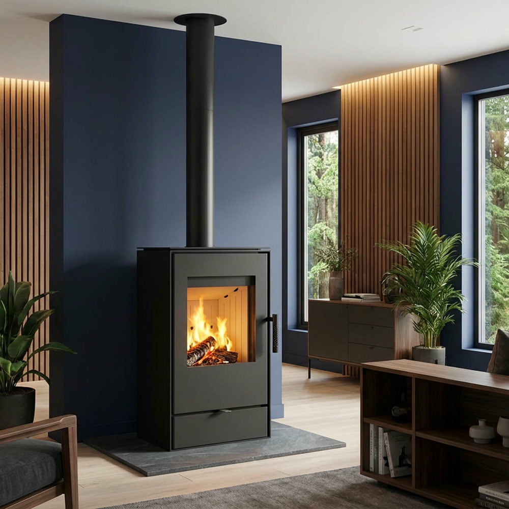 Kratki Rollo PROSTY houtkachel in moderne woonkamer
