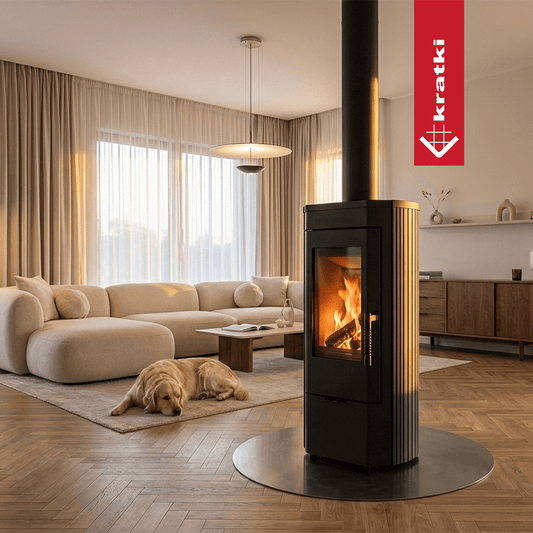 Kratki K12 houtkachel in moderne woonkamer met brandend vuur