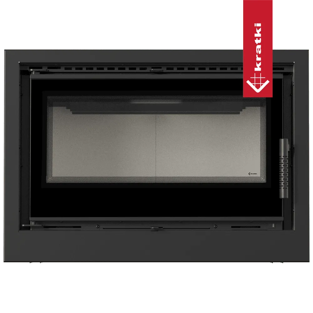 Kratki Kaseta Arke 75, moderne inbouwhaard met strak zwart frame en glazen deur.