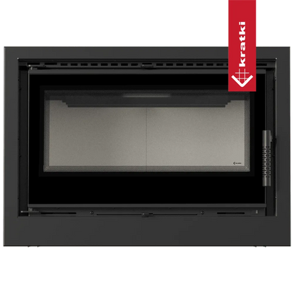 Kratki Kaseta Arke 75, moderne inbouwhaard met strak zwart frame en glazen deur.