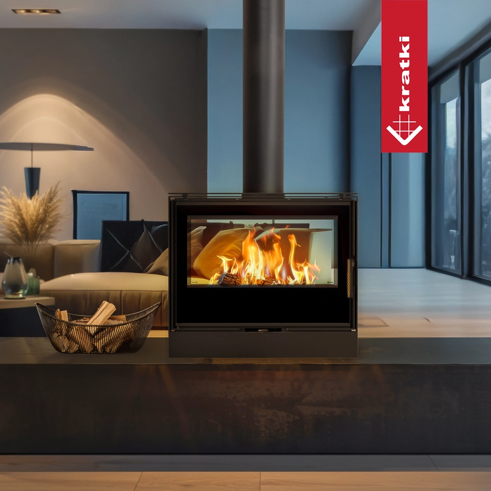 Kratki Kari 80 vrijstaande haard met zichtbare vlammen in moderne woonkamer