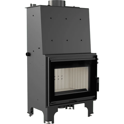 Zwarte Kratki Aquario Z 14 kW houtkachel met glazen deur en metalen behuizing.