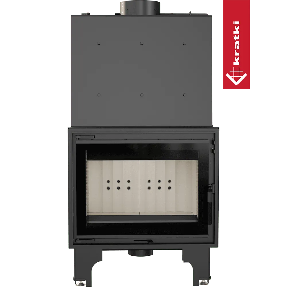 Kratki Aquario Z 14 kW houtkachel met zwart metalen behuizing en glazen deur.
