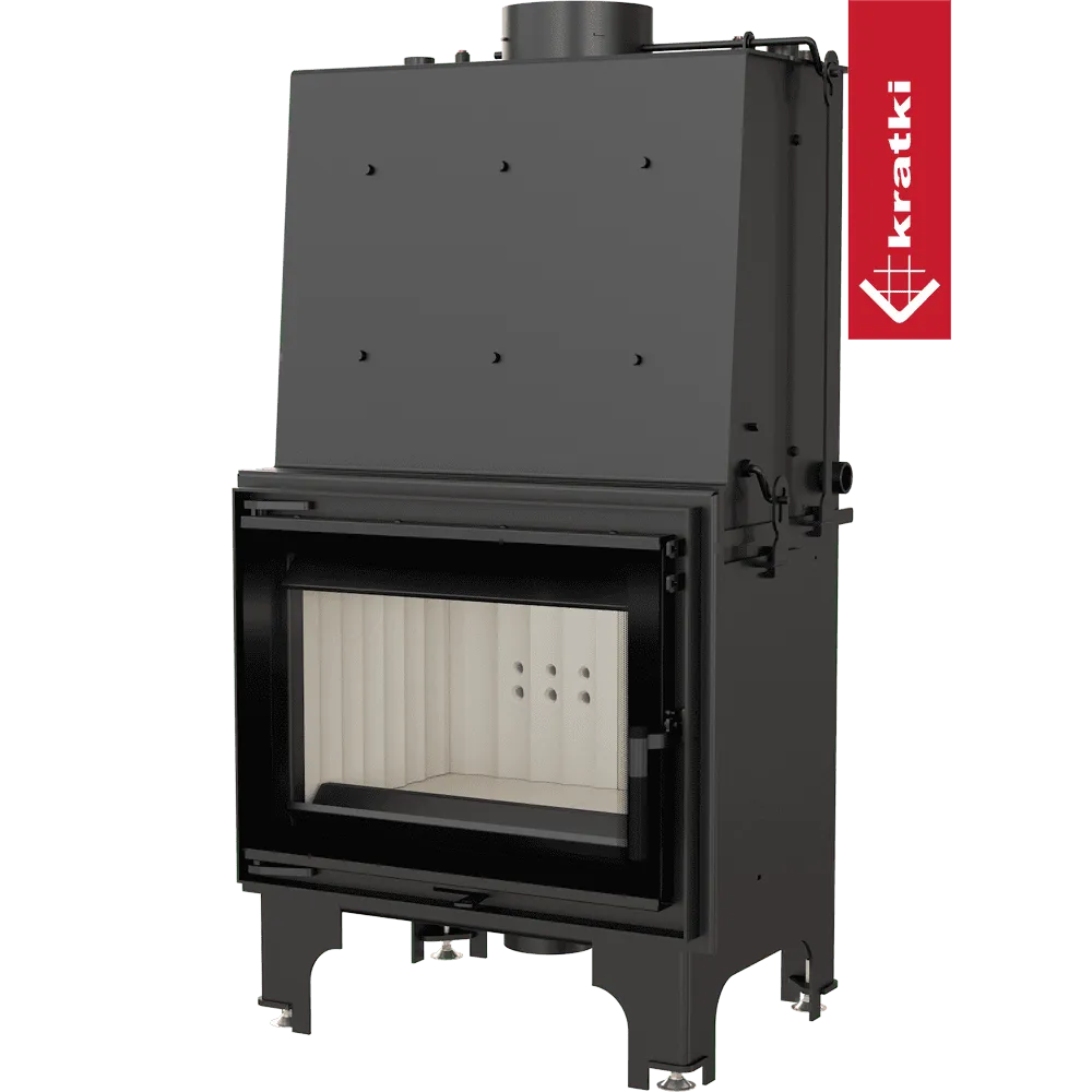 Kratki Aquario Z 14 kW houtkachel met glazen deur en zwart metalen behuizing.