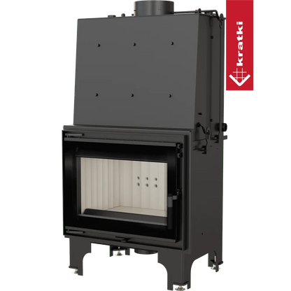 Kratki Aquario Z 14 kW houtkachel met glazen deur en zwart metalen behuizing.