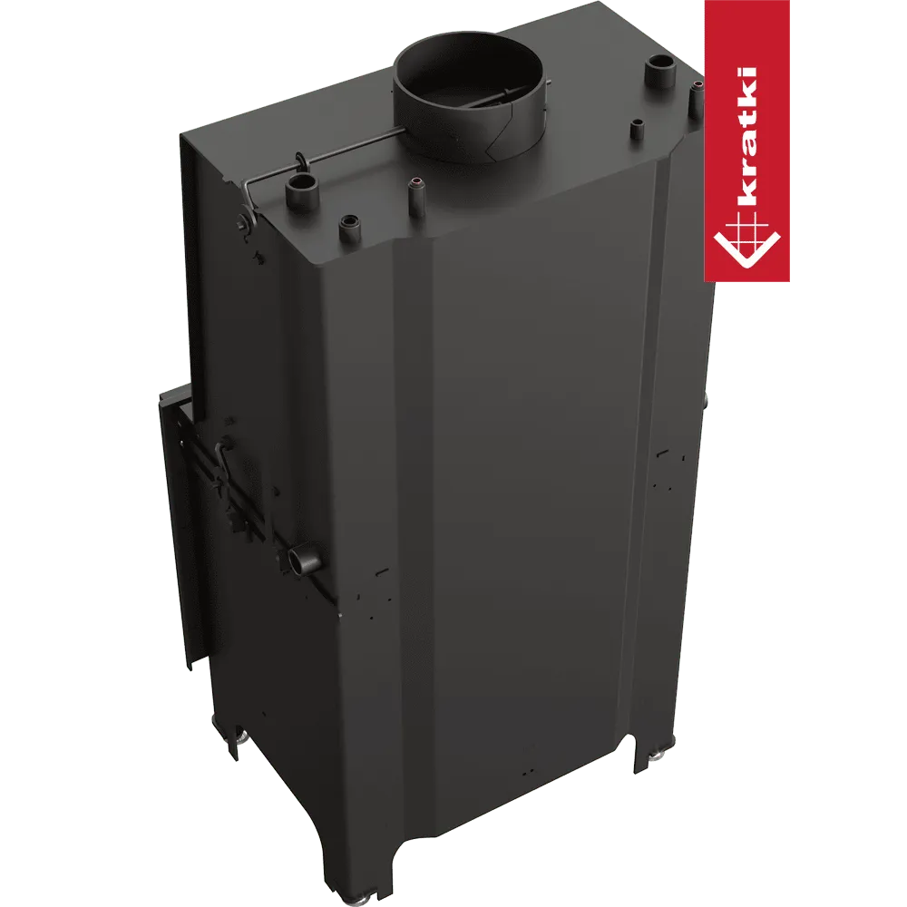 Kratki Aquario Z 14 kW, zwarte rechthoekige houtkachel met bovenste rookafvoer en aansluitingen.