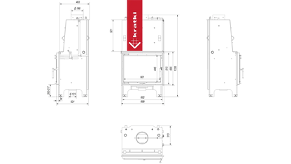 Technische tekening van Kratki Aquario Z 14 kW met afmetingen en zijaanzichten.
