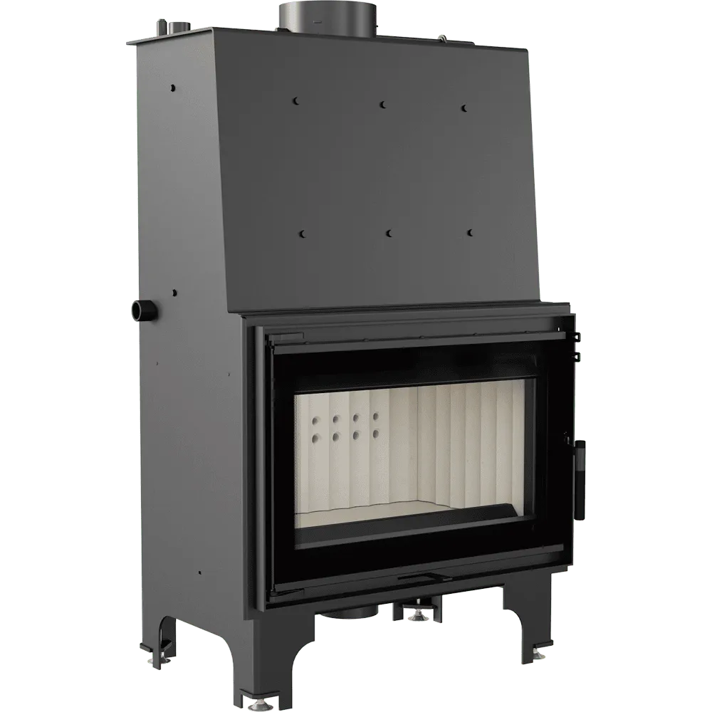 Zwarte Kratki Aquario O 16 kW houtkachel met glazen deur en metalen behuizing.