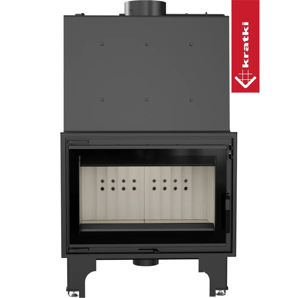 Kratki Aquario O 16 kW houtkachel met glazen deur en zwart metalen frame.