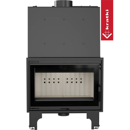 Kratki Aquario O 16 kW houtkachel met glazen deur en zwart metalen frame.
