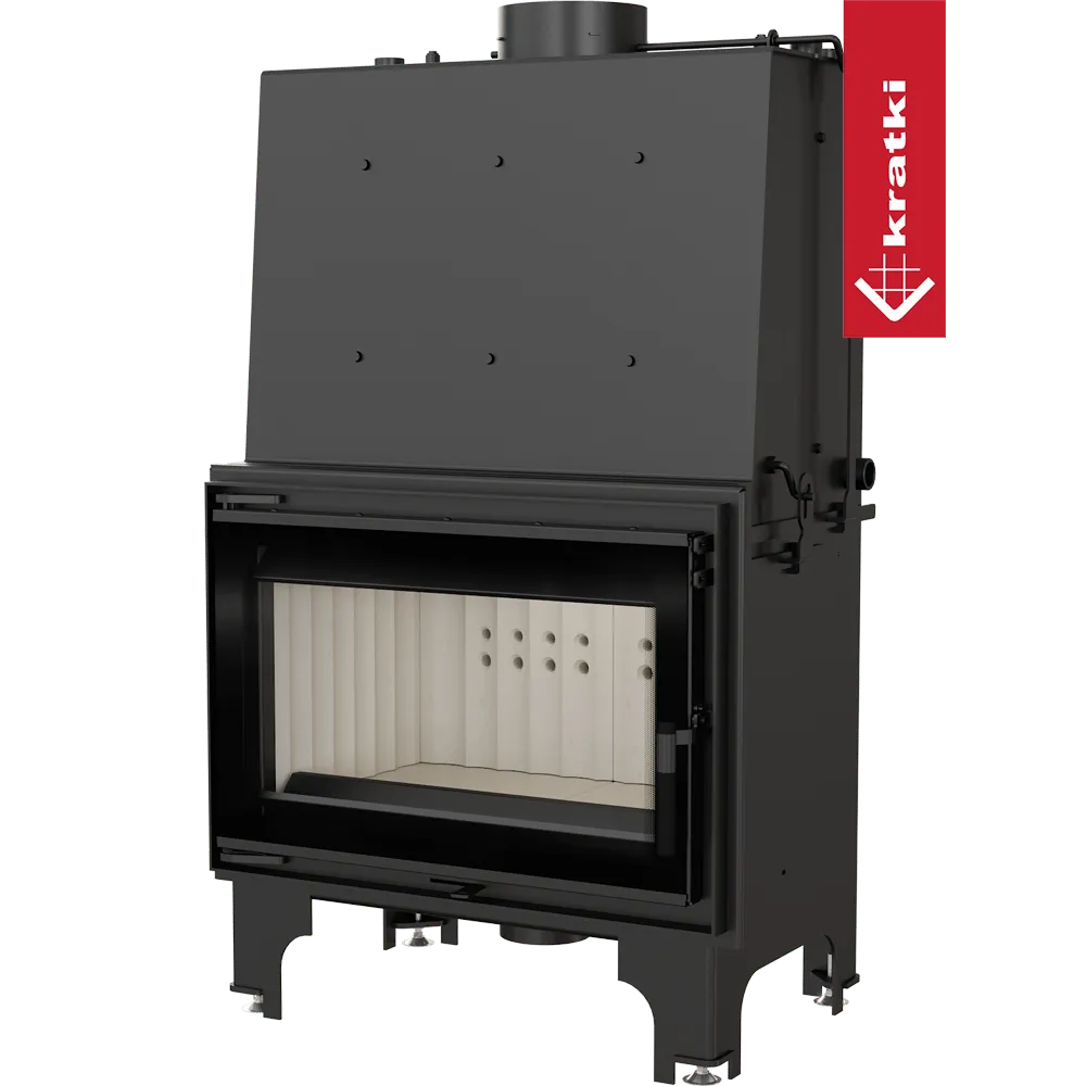 Kratki Aquario O 16 kW houtkachel met glazen deur en zwart metalen behuizing.